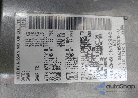 2017 Nissan Pathfinder Sl z USA, uszkodzony, nr VIN 5N1DR2MM5HC642946